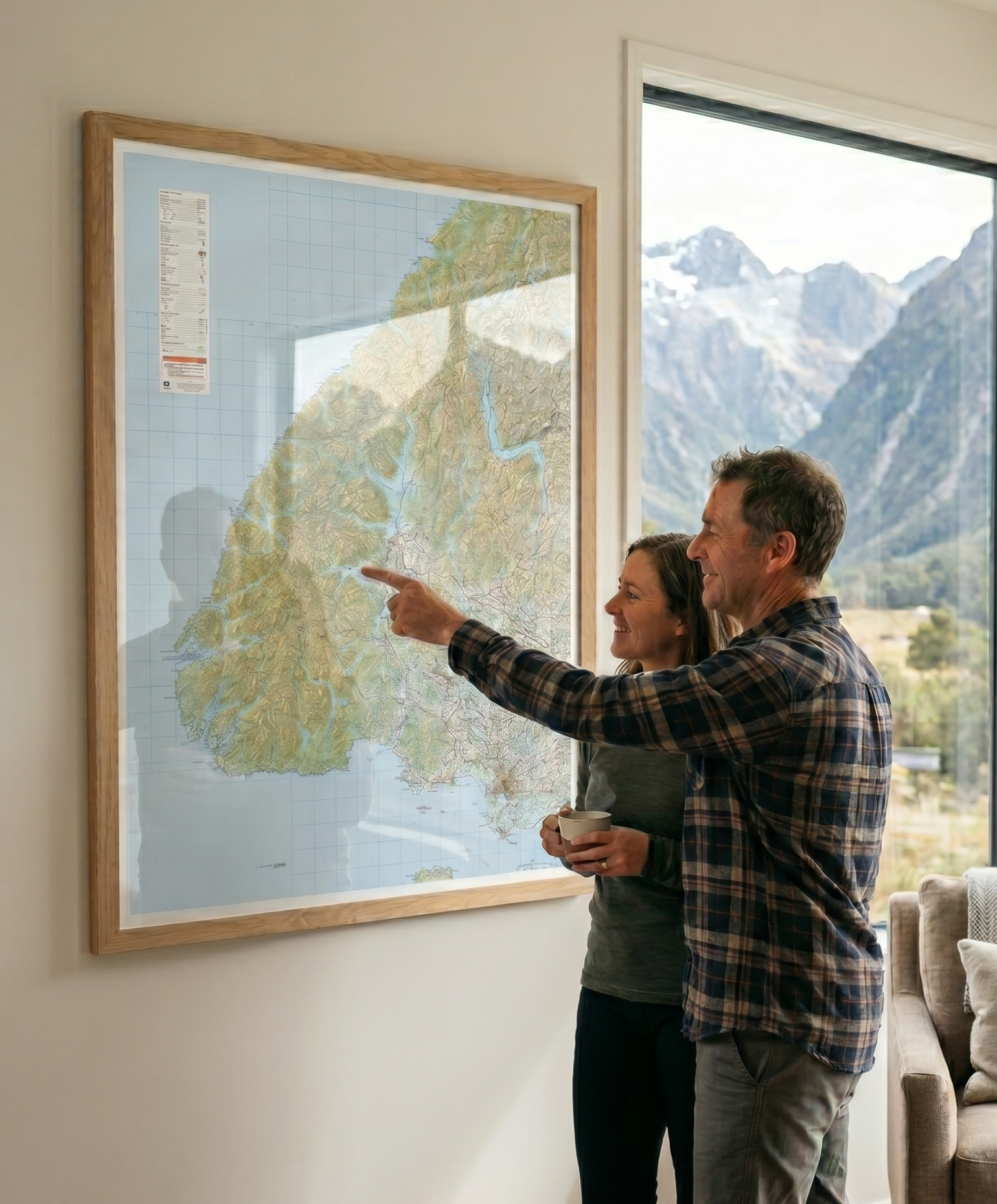 Two people looking at a framed map of Fiordland in a room with large windows.