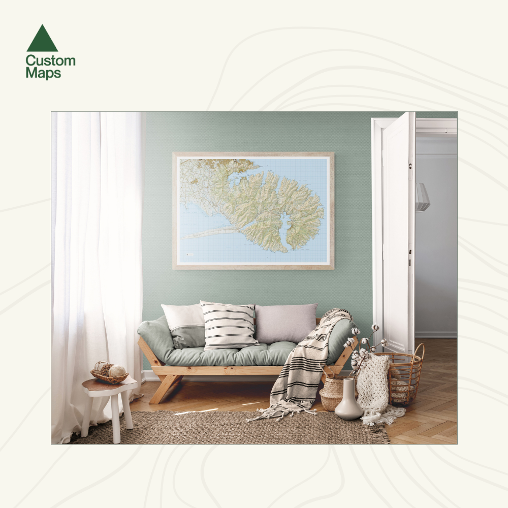 Living room with a map of Bank's Peninsula and Akaroa on the wall