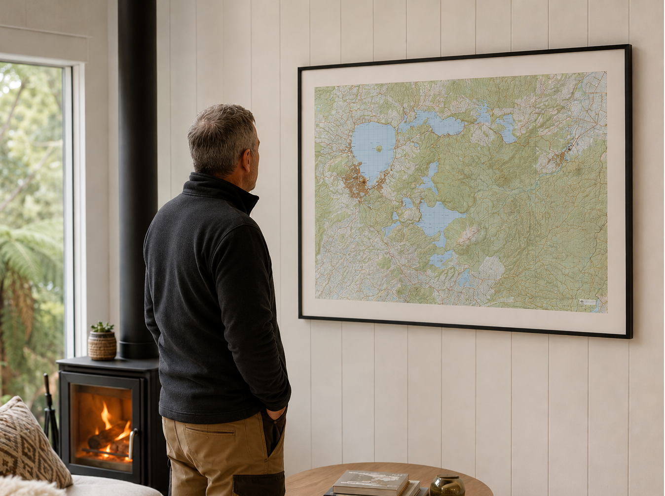 Man standing in a living room looking at a framed map of Rotorua on the wall.