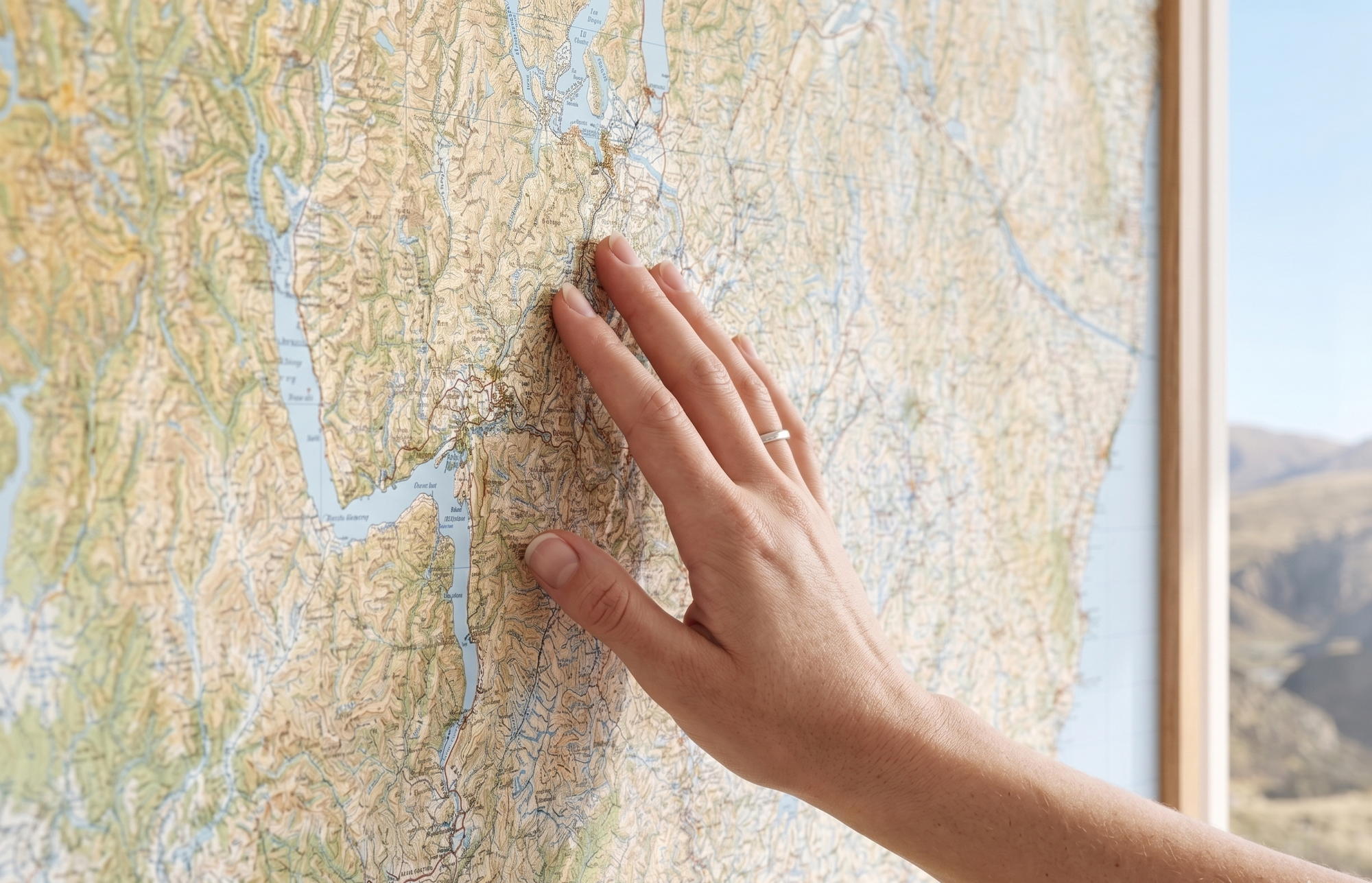 Hand touching a Central Otago Dunedin and Timaru topographic map with a scenic view outside
