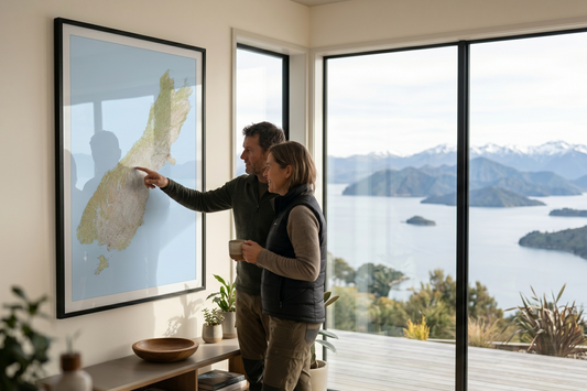 Two people looking at a Giant South Island Map