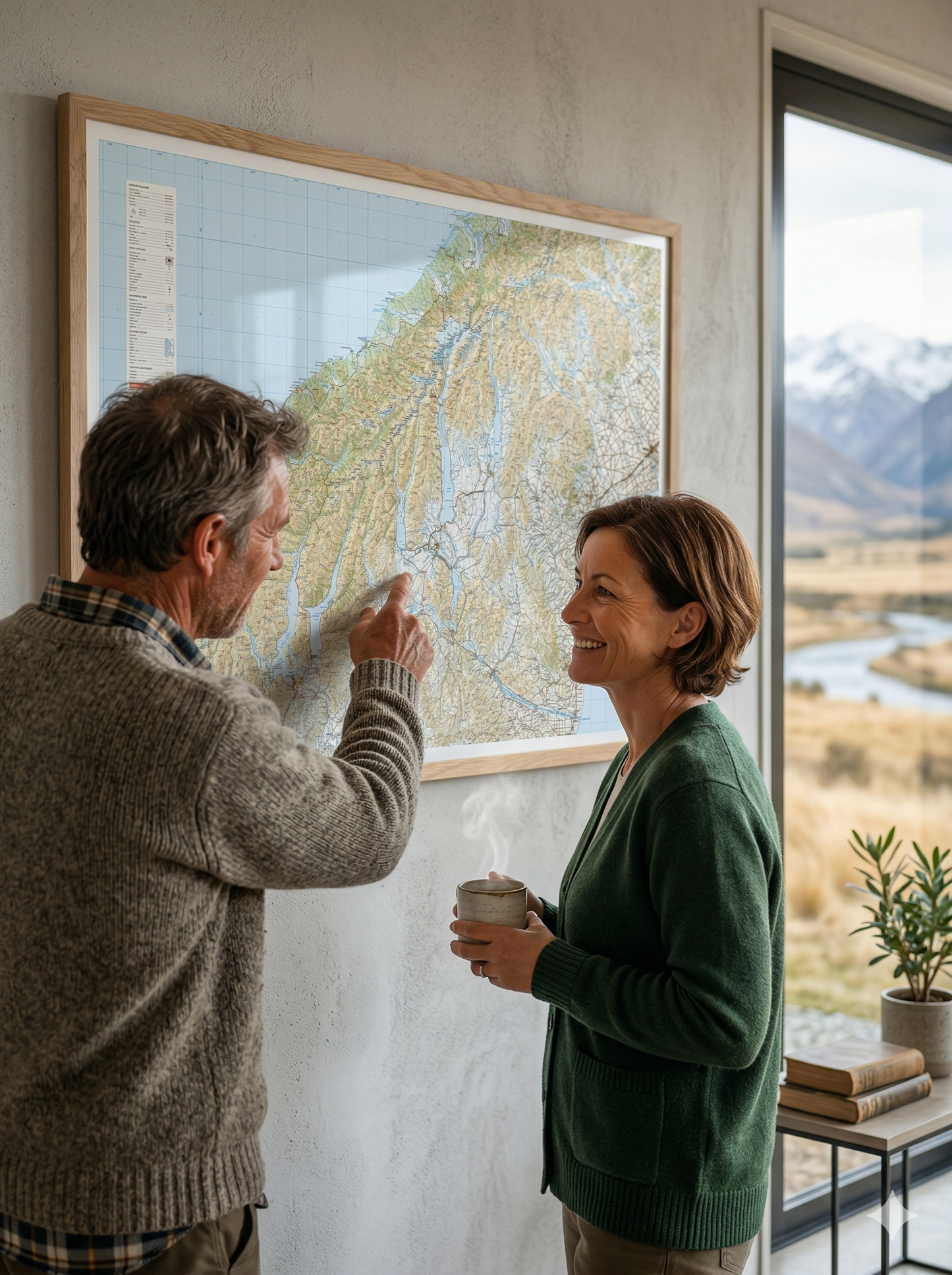 Man and woman looking at a giant Central South Island Map on the wall.