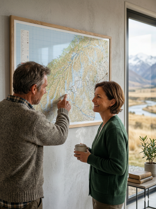 Man and woman looking at a giant Central South Island Map on the wall.