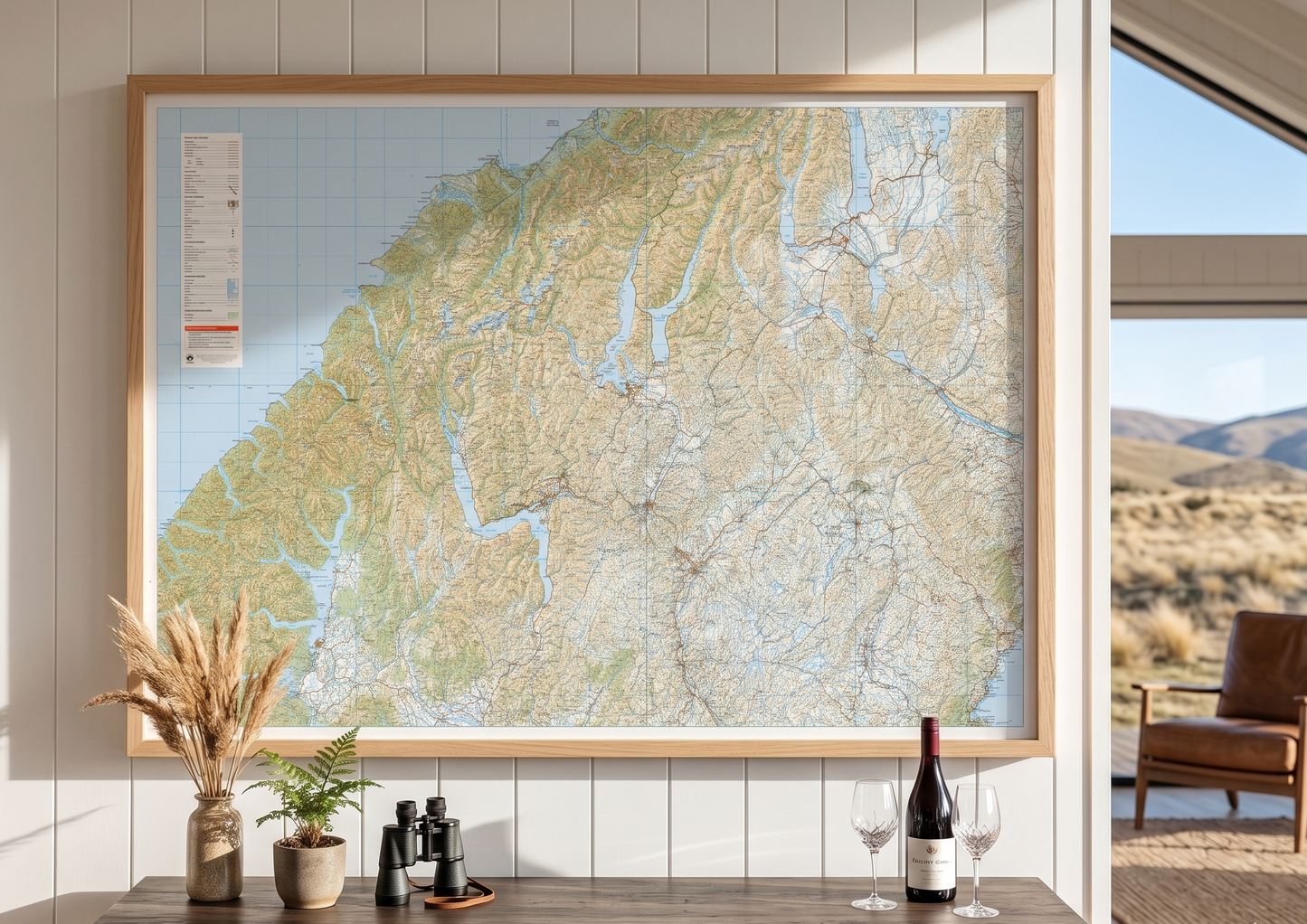 Framed map on a wall with a view of an Otago landscape outside