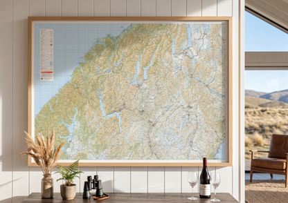 Framed map on a wall with a view of an Otago landscape outside