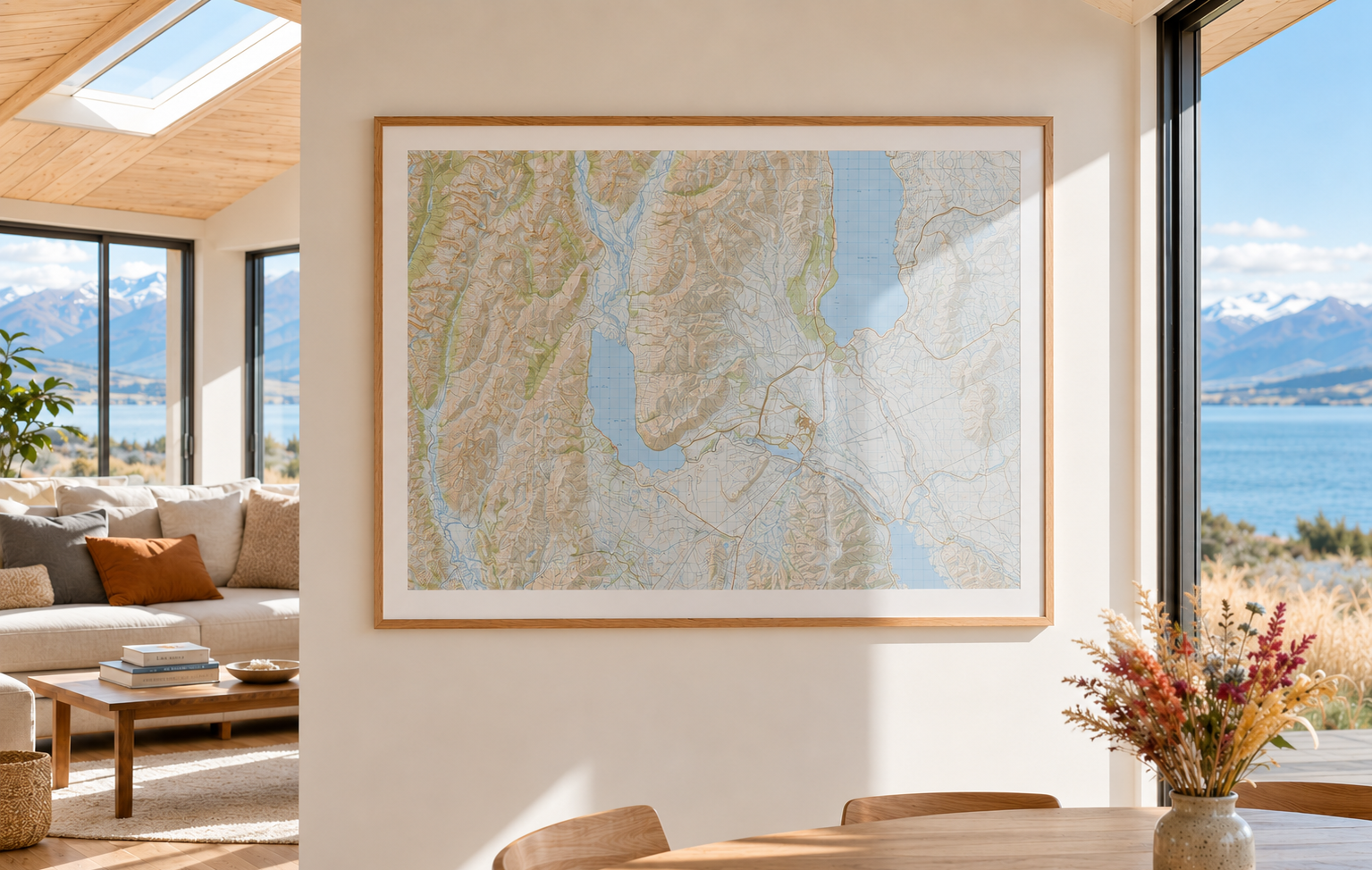 Framed map of Lake Ohau and Twizel on a wall in a room with large windows overlooking a scenic view.