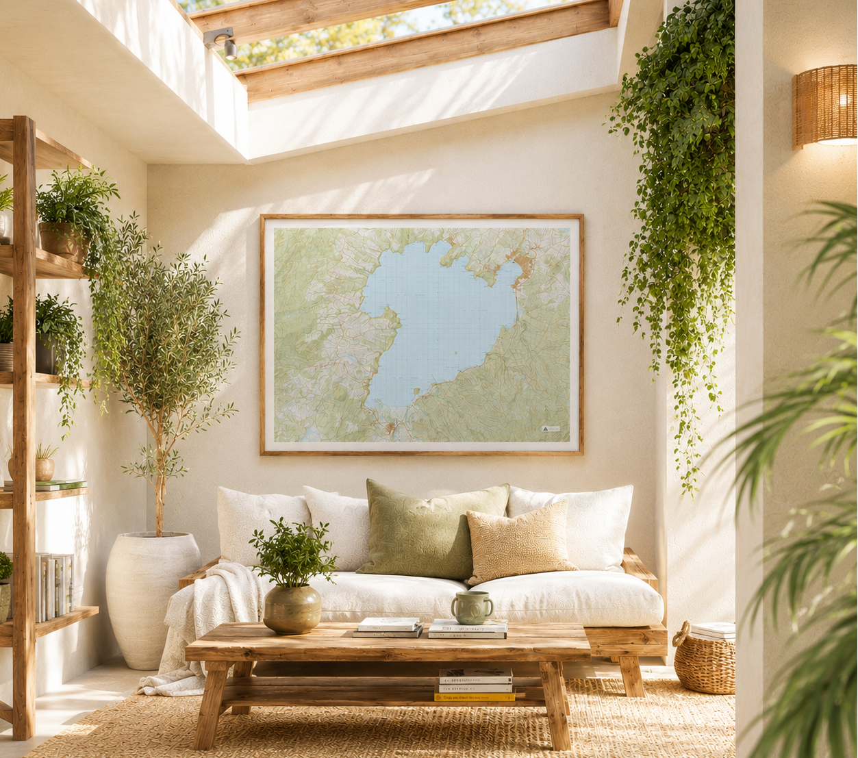 Living room with wall art of a map.