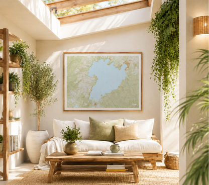 Living room with wall art of a map.