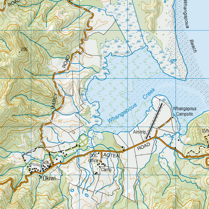 A close up of a topographic map print of Great Barrier Island