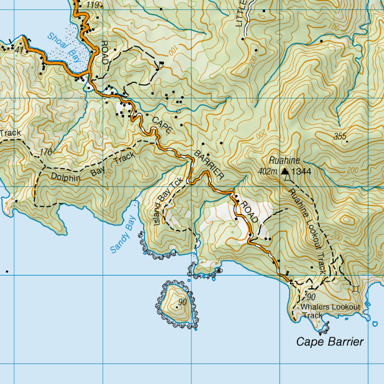 A close up of a topographic map print of Great Barrier Island