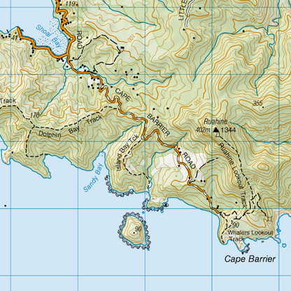 A close up of a topographic map print of Great Barrier Island