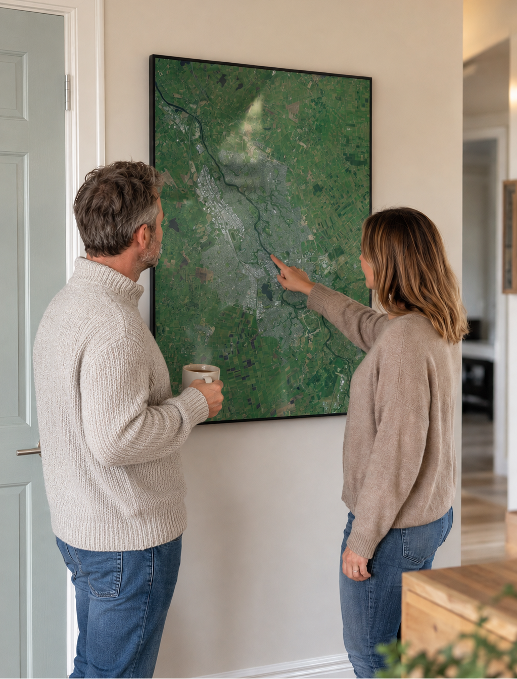 Two people looking at a large map of Hamilton New Zealand on a wall in a home setting.