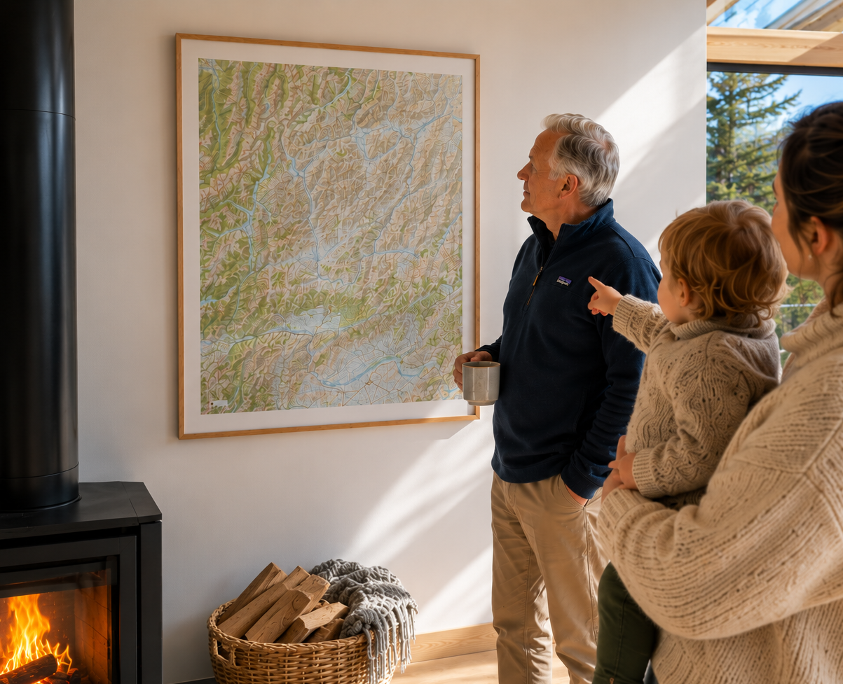Family in a cozy living room with a map of Hanmer Springs on the wall and a view of mountains outside.