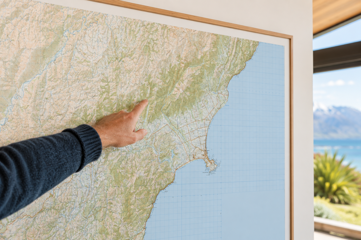 Person pointing at a map of Kaikoura with a scenic view outside.
