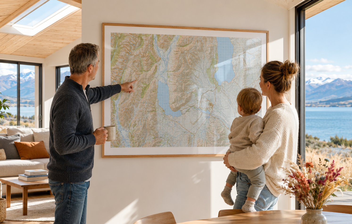 Family in a modern home looking at a large map of Lake Ohau and Twizel