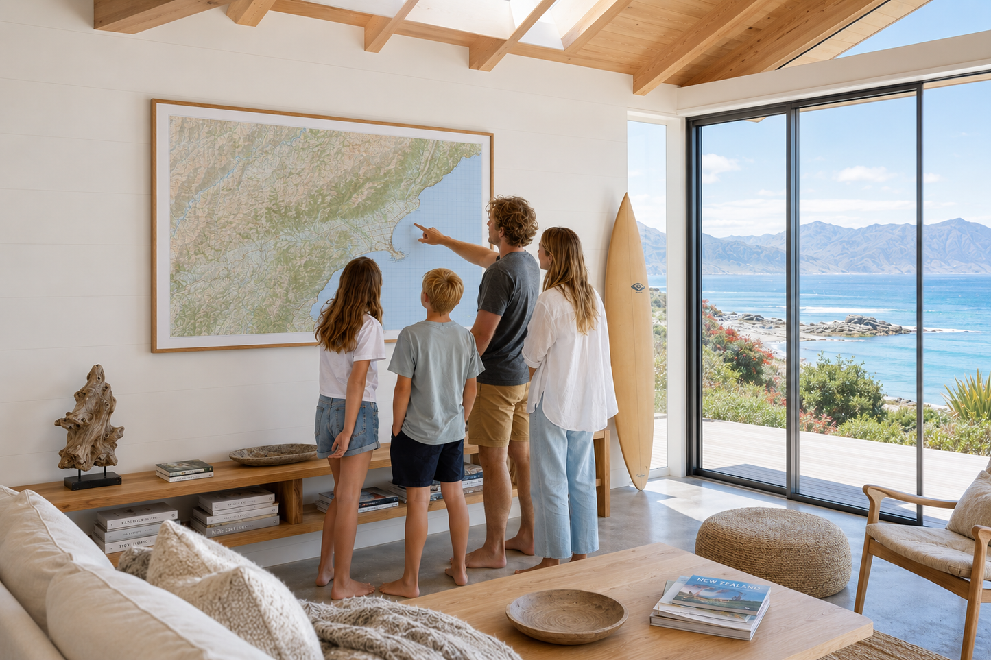 Family in a modern living room with a large map of Kaikoura on the wall, looking out at a scenic view.