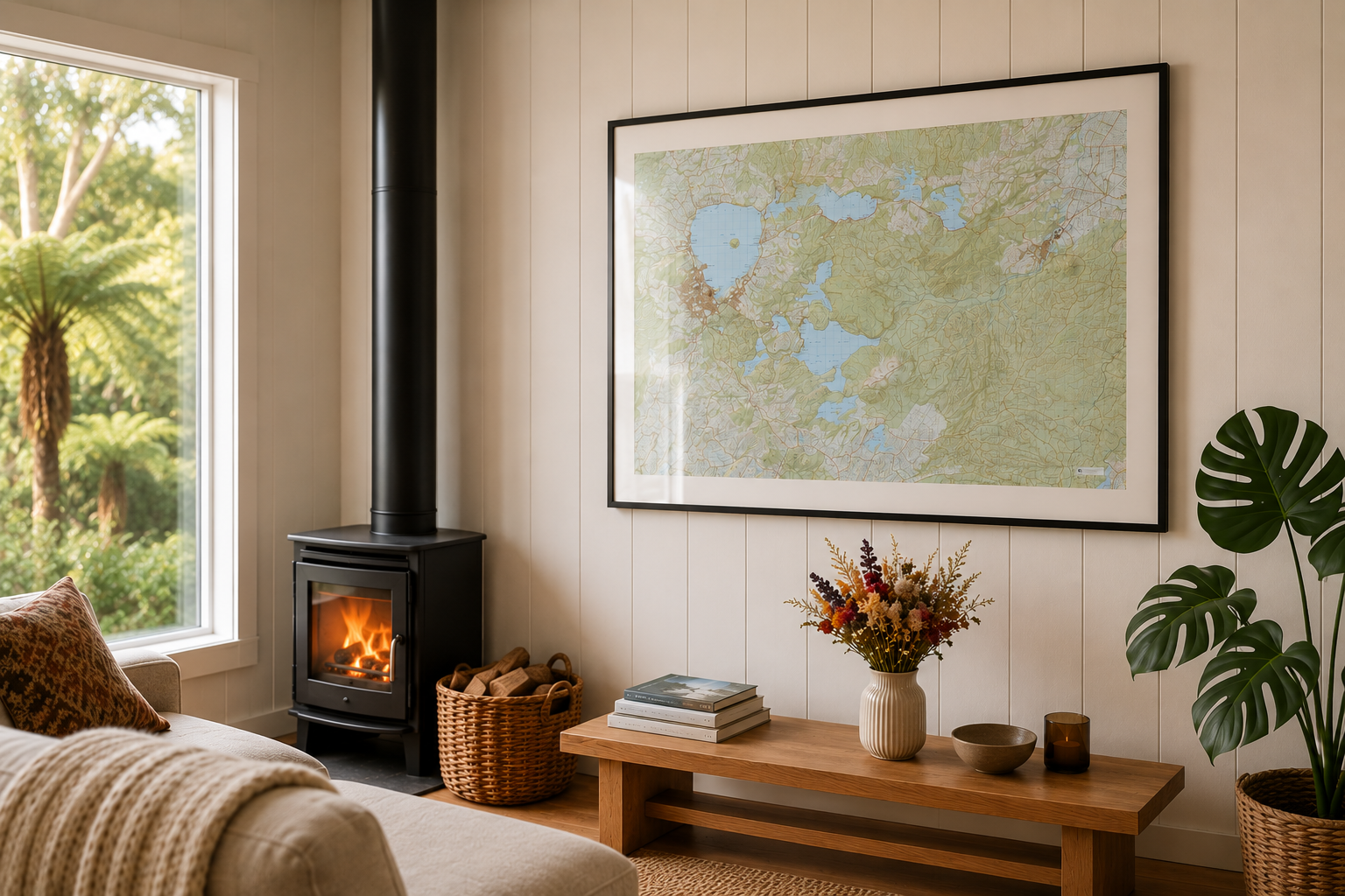 Living room with a fireplace, large framed wall map, and decorative items.
