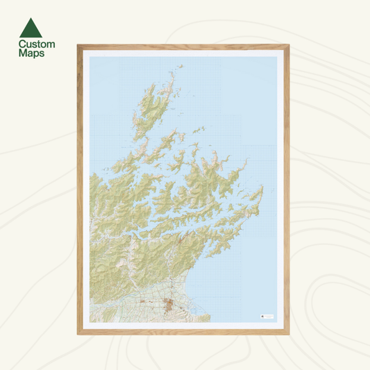 Framed topographic map of the Marlborough Sounds