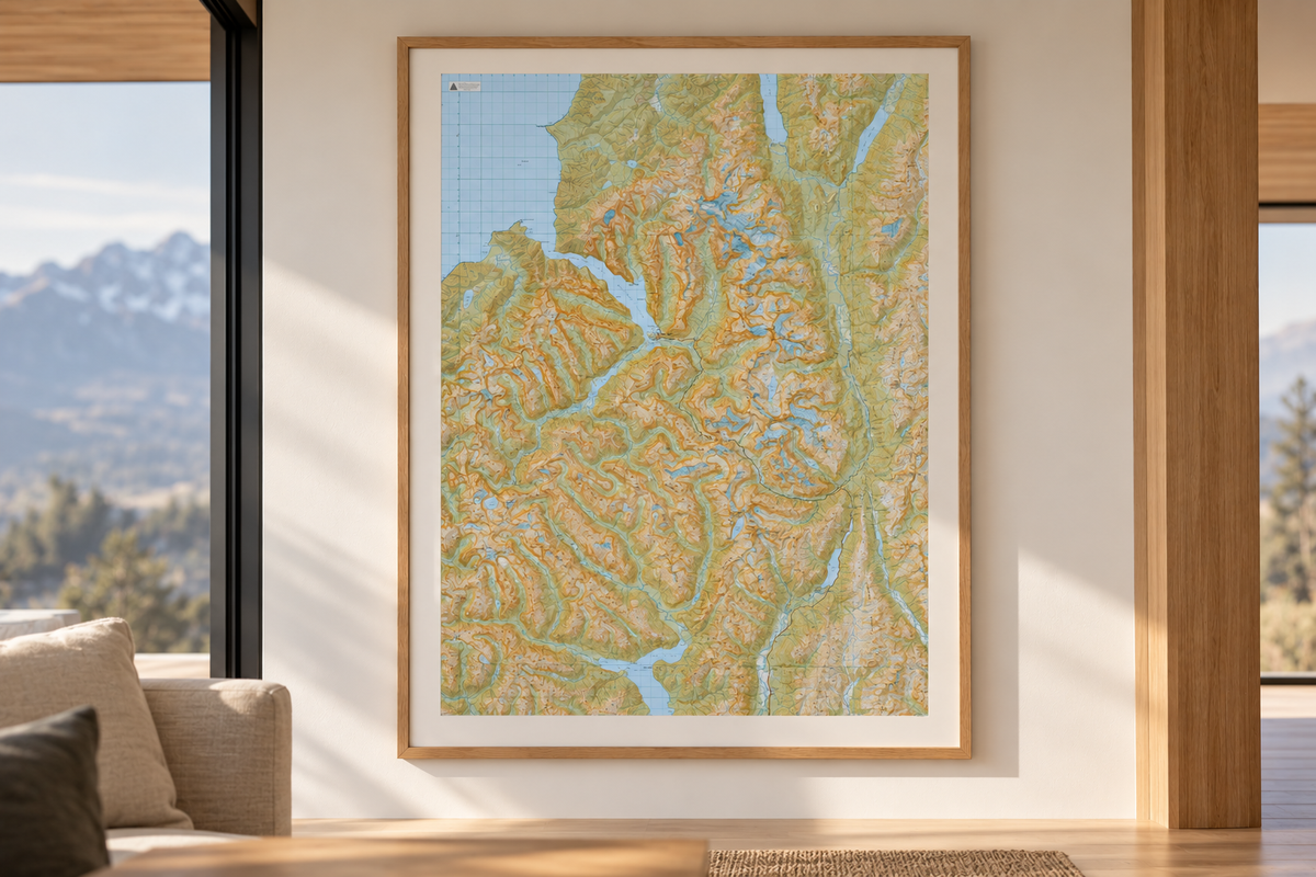 A framed Milford Sound and Darran Mountains Wall Map