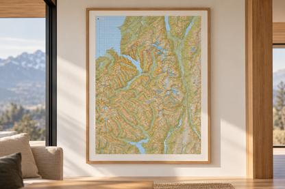 A framed Milford Sound and Darran Mountains Wall Map