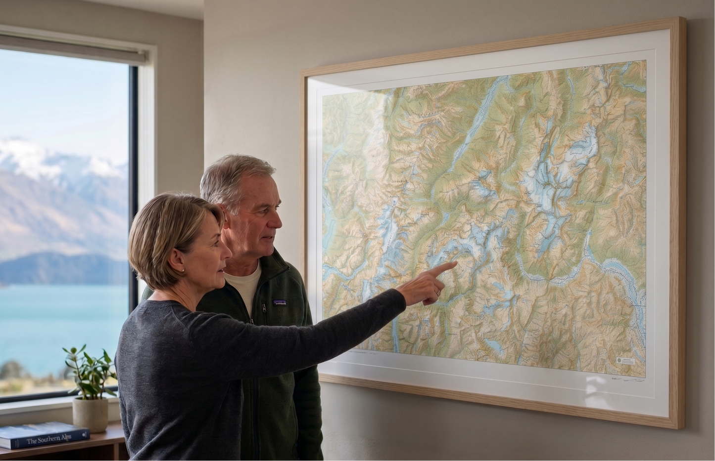 Two people looking at a topographic map of Mt Aspiring National Park, with a window view of mountains and water.