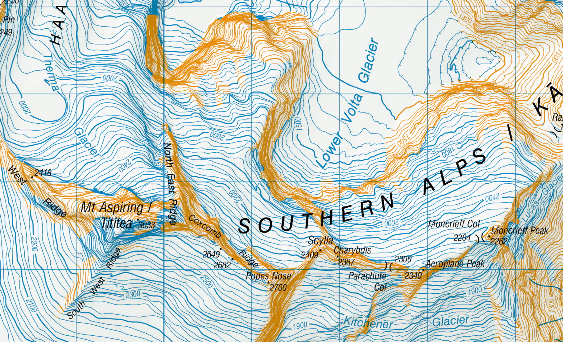 Topographic map of the Southern Alps with contour lines and mountain names.