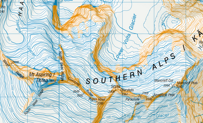 Topographic map of the Southern Alps with contour lines and mountain names.