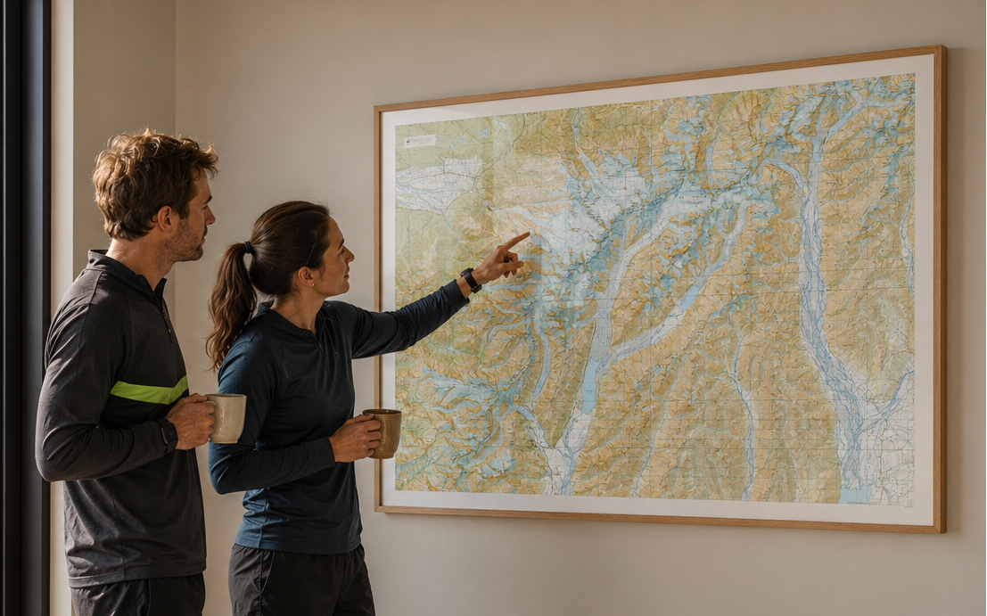 Two people looking at a map of a mountainous area in a living room with a scenic view.