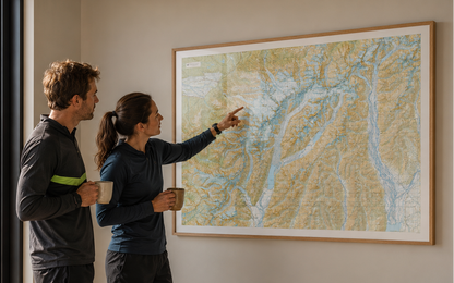 Two people looking at a map of a mountainous area in a living room with a scenic view.