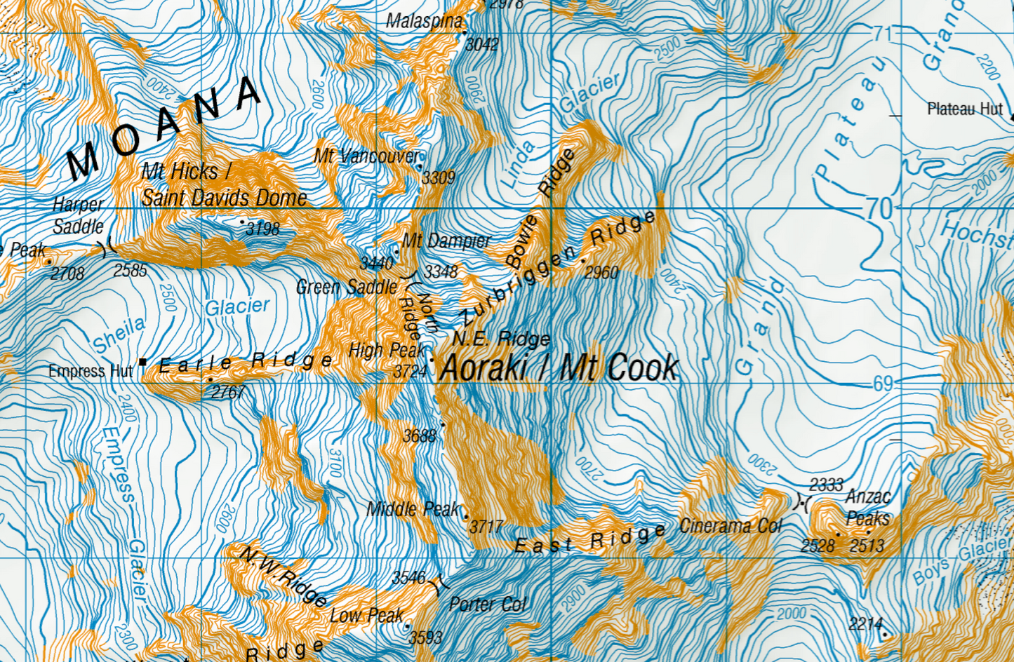 Topographic map of a Mount Cook National Park with labeled peaks and geographical features.