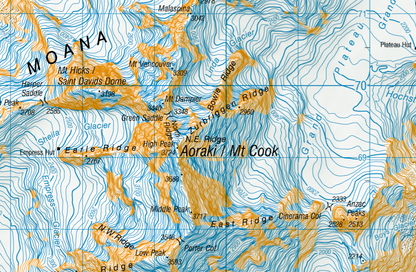 Topographic map of a Mount Cook National Park with labeled peaks and geographical features.