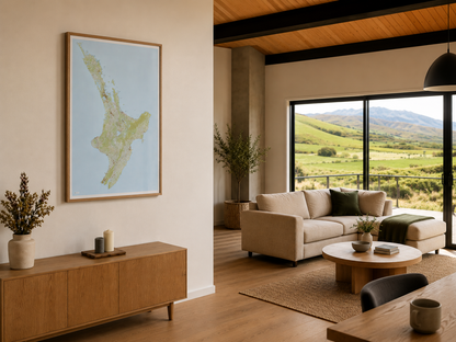 A map of the North Island of New Zealand, on a wall.
