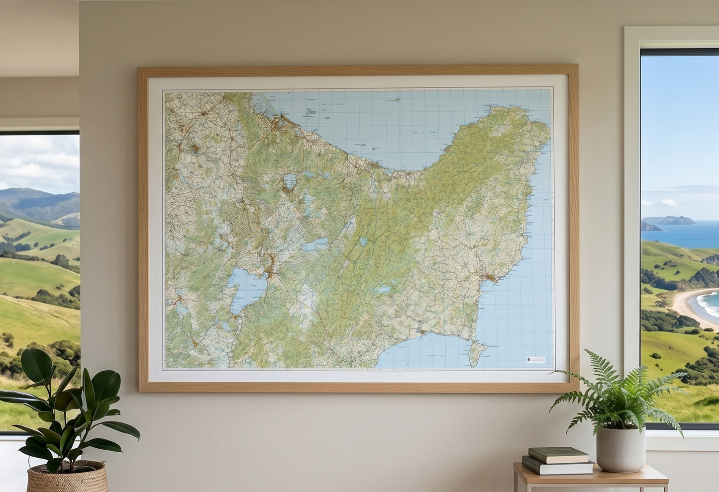 Framed map of New Zealand's East Cape on a wall with scenic views outside windows