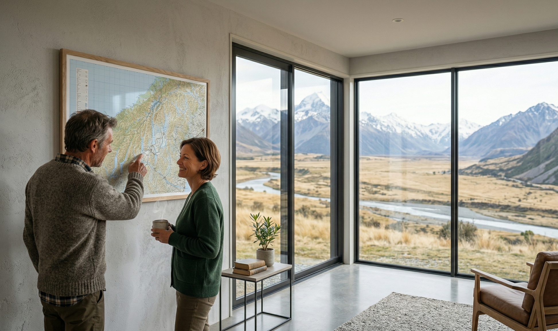 Two people looking at a map in a room with large windows showing a scenic view of mountains and a river.
