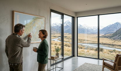 Two people looking at a map in a room with large windows showing a scenic view of mountains and a river.