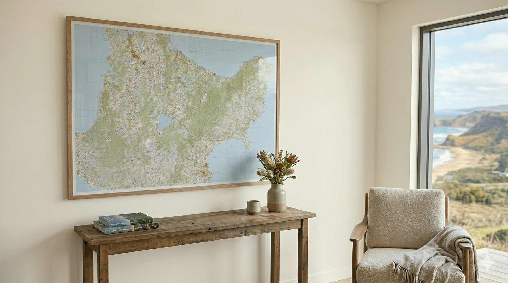 Room interior with a large framed map on the wall of the Central North Island