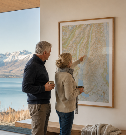 Two people standing in a room with a large map on the wall of Ohau and Twizel