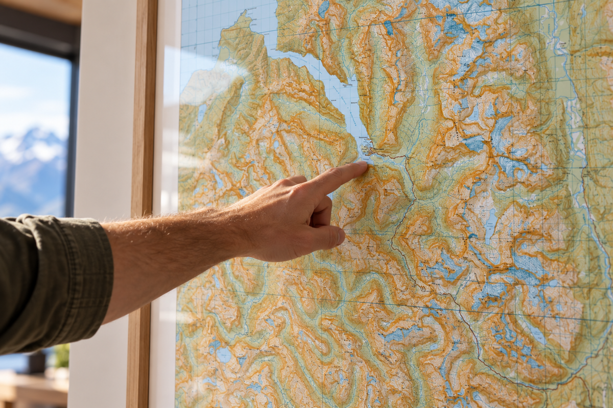 A hand pointing at a Milford Sound and Darran Mountains Wall Map