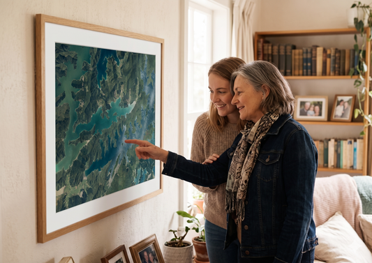 Two women looking at a framed landscape aerial map in a cozy living room.
