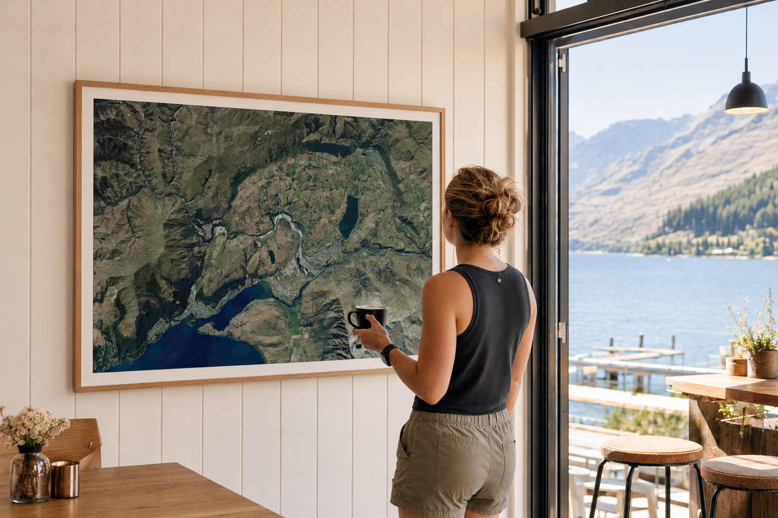Person holding a coffee cup in a room with a large framed map of Queenstown and Arrowtown on the wall and a view of a lake and mountains.