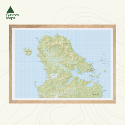 Map of Stewart Island and the Rakiura track with a wooden frame on a white background.