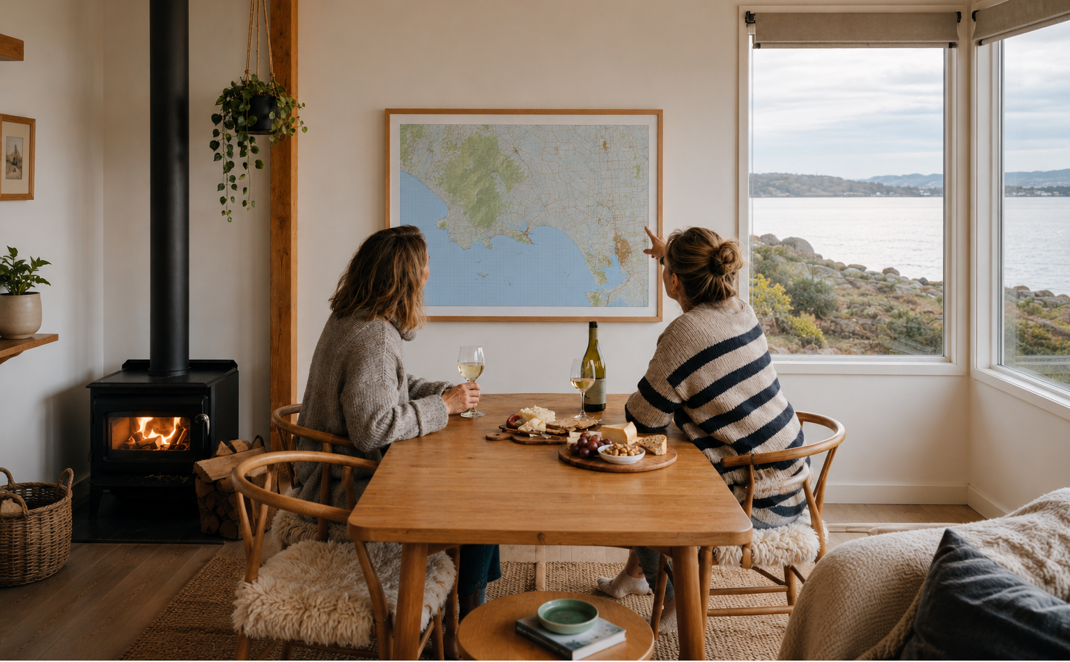 Two people sitting at a table in a room with a large window view, a fireplace, and a large map on the wall of Riverton and the surrounding area