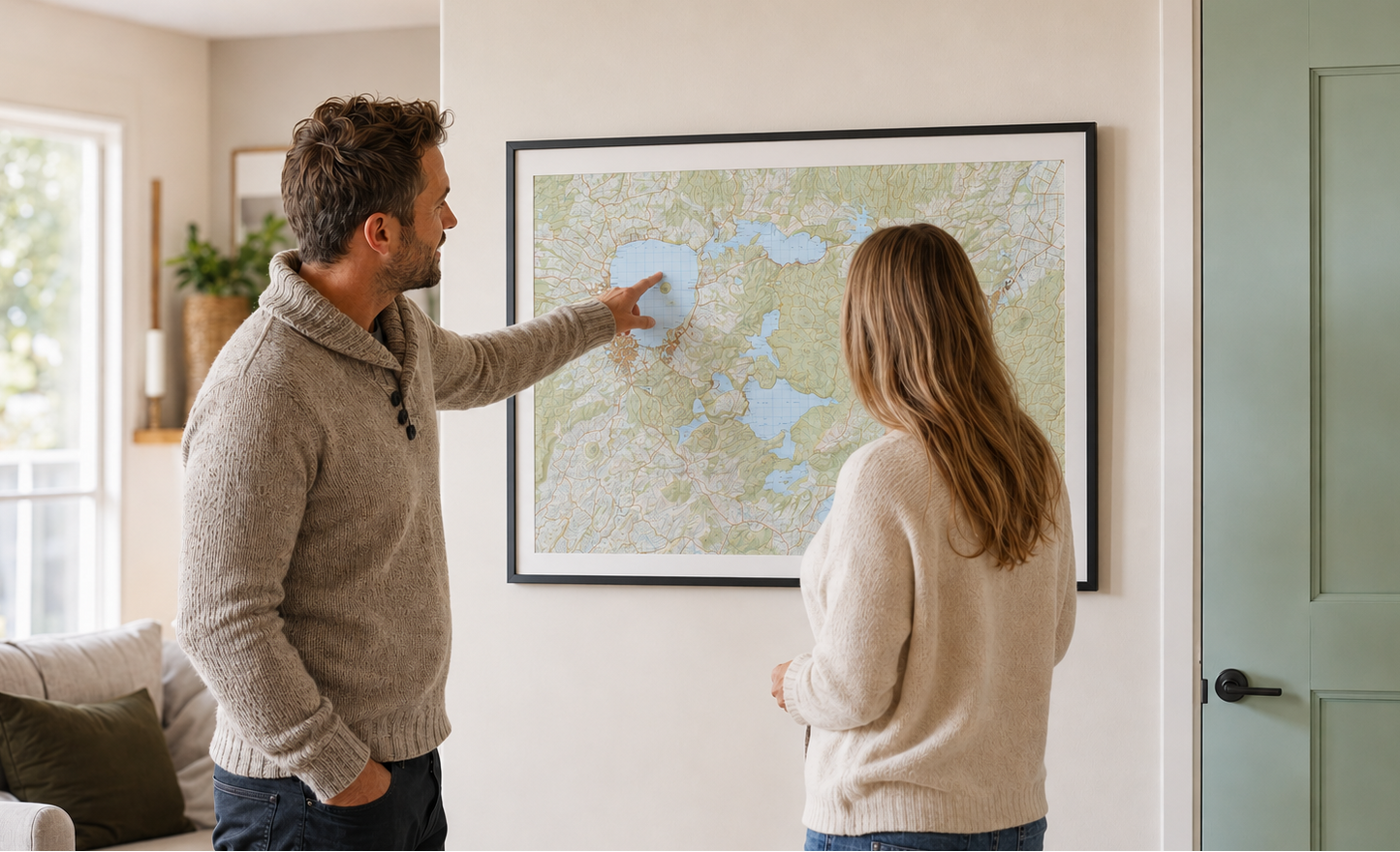 Man and woman looking at a map of Rotorua on a wall in a living room.