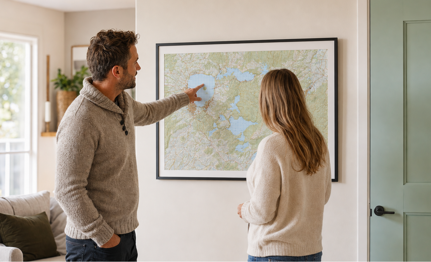 Man and woman looking at a map of Rotorua on a wall in a living room.