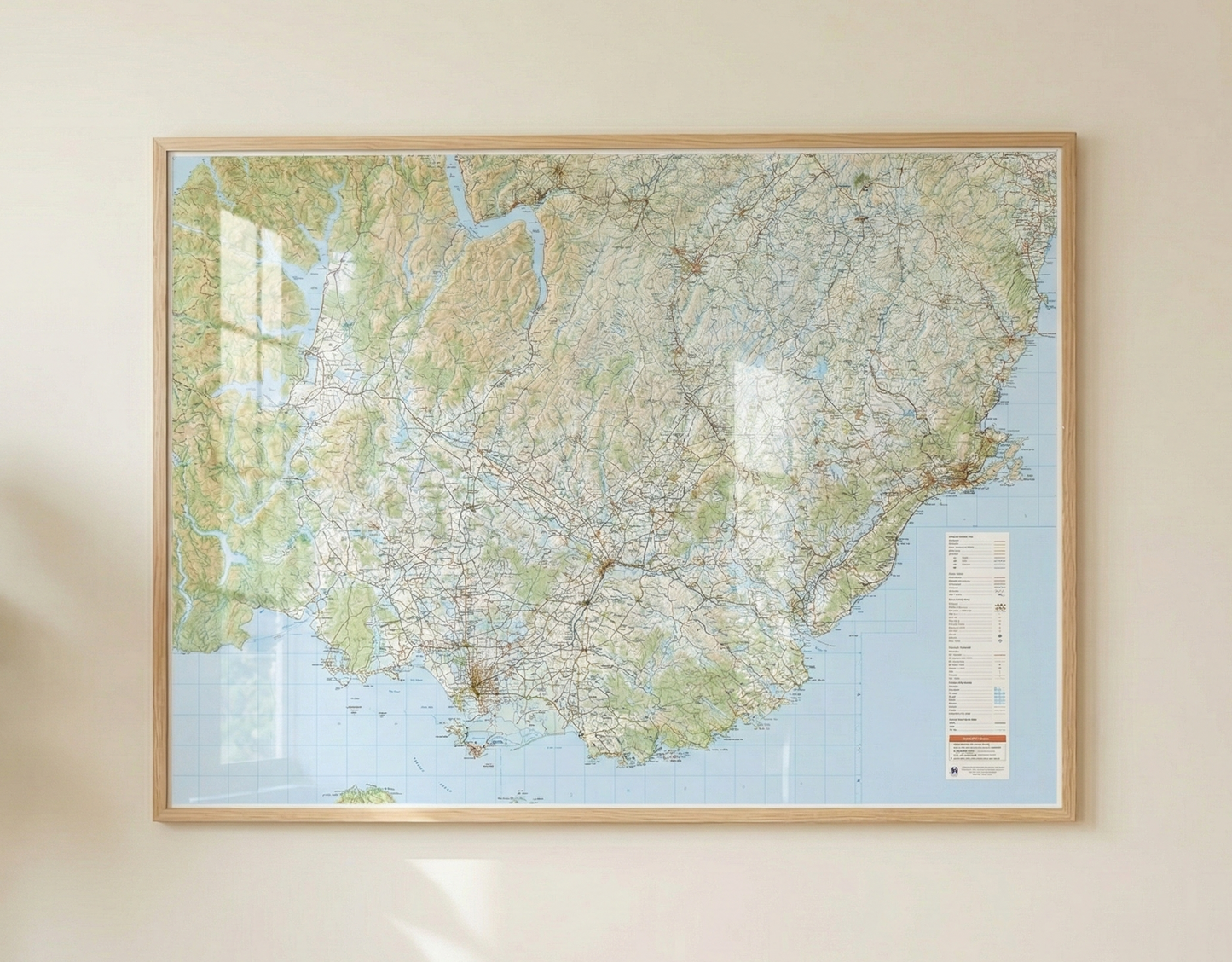 Framed map of Southland on a beige wall