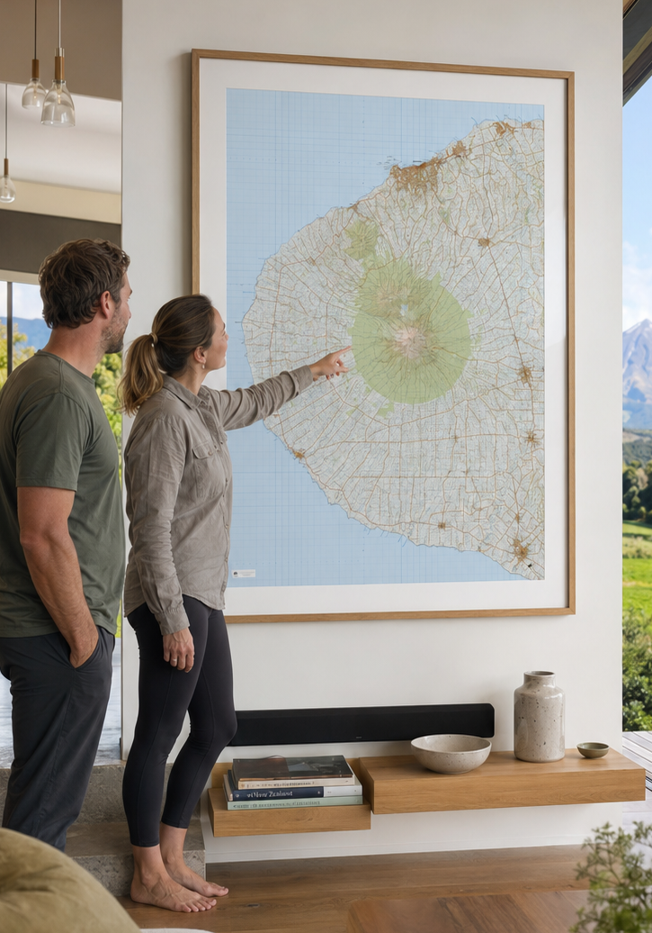 Two people in a modern living room pointing at a large map of Taranaki on the wall.