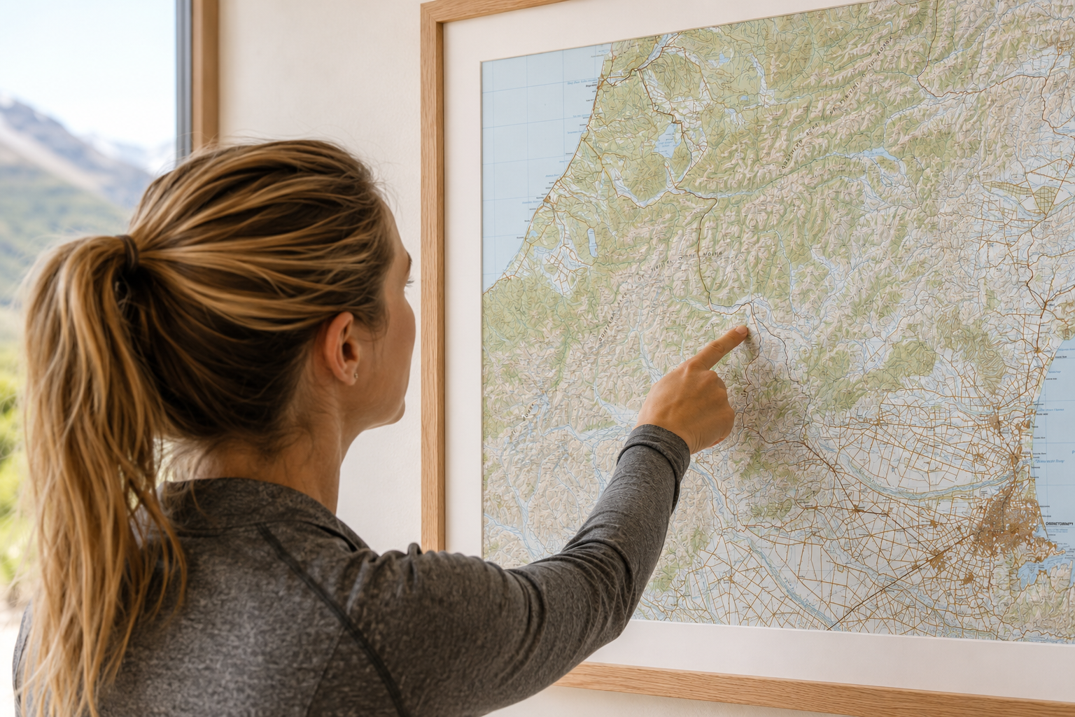 Woman pointing at a map of the New Zealand Coast to Coast race