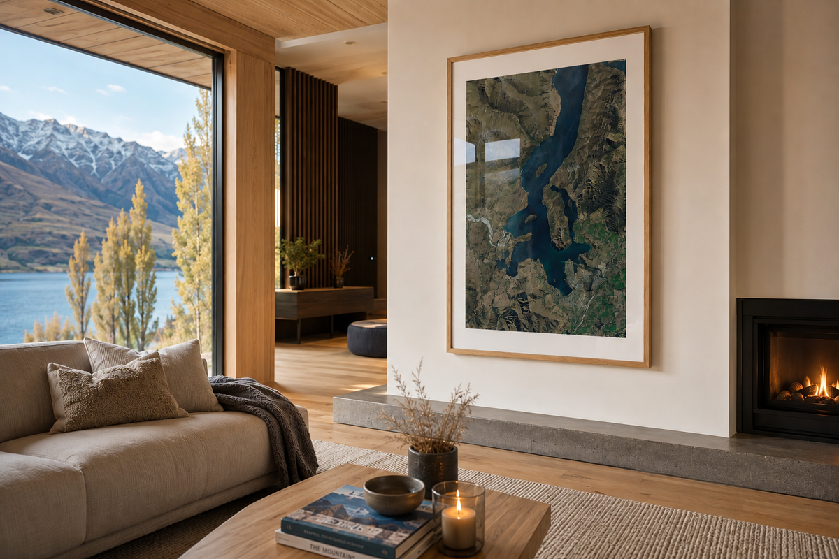 A large framed landscape art print ofm Wanaka, styled in a modern living room next to a fireplace and a large window overlooking the lake and mountains.