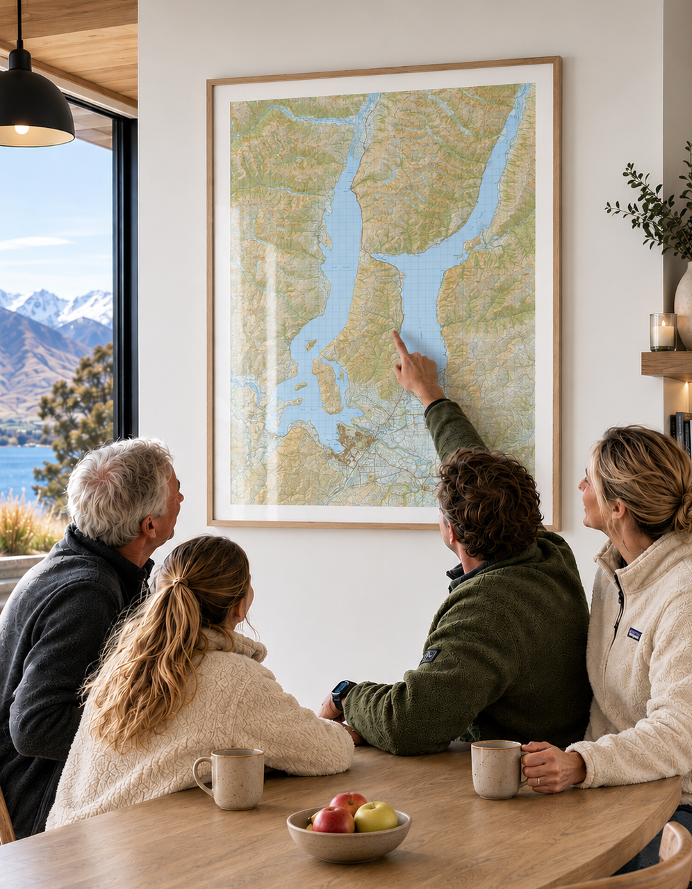 Family sitting around a table looking at a map of Wanaka