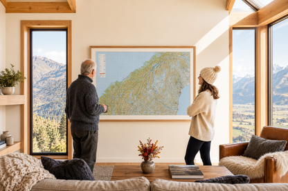 A Giant West Coast and Southern Alps Wall Map on a the wall of a modern sitting room.